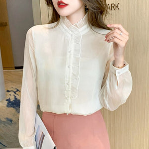 High-end Autumn Women Blouse Shirt Fashion Stand Collar Long Sleeve Office Lady White Chiffon Shirt Elegant Slim Clothing