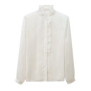 High-end Autumn Women Blouse Shirt Fashion Stand Collar Long Sleeve Office Lady White Chiffon Shirt Elegant Slim Clothing