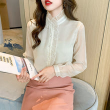 Load image into Gallery viewer, High-end Autumn Women Blouse Shirt Fashion Stand Collar Long Sleeve Office Lady White Chiffon Shirt Elegant Slim Clothing