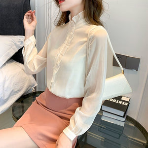 High-end Autumn Women Blouse Shirt Fashion Stand Collar Long Sleeve Office Lady White Chiffon Shirt Elegant Slim Clothing