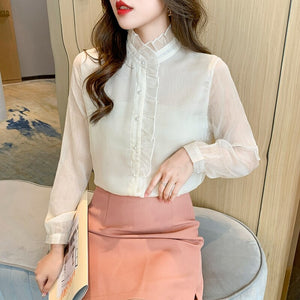 High-end Autumn Women Blouse Shirt Fashion Stand Collar Long Sleeve Office Lady White Chiffon Shirt Elegant Slim Clothing