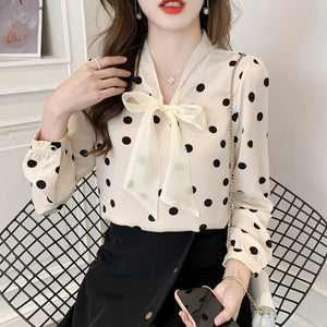 High-end Polka-dot Shirt Women's Autumn 2021 New Korean Version Long Sleeved Bow Chiffon Blouse Elegant Slim Office Lady Tops