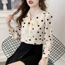 Load image into Gallery viewer, High-end Polka-dot Shirt Women&#39;s Autumn 2021 New Korean Version Long Sleeved Bow Chiffon Blouse Elegant Slim Office Lady Tops