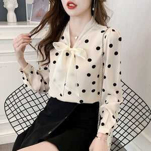 High-end Polka-dot Shirt Women's Autumn 2021 New Korean Version Long Sleeved Bow Chiffon Blouse Elegant Slim Office Lady Tops