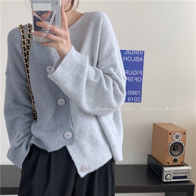 Hit Color Patchwork Knitted Cardigan Women 2021 Autumn Chic Loose All-match Tops Irregular Single Breasted Sweater Coat Female