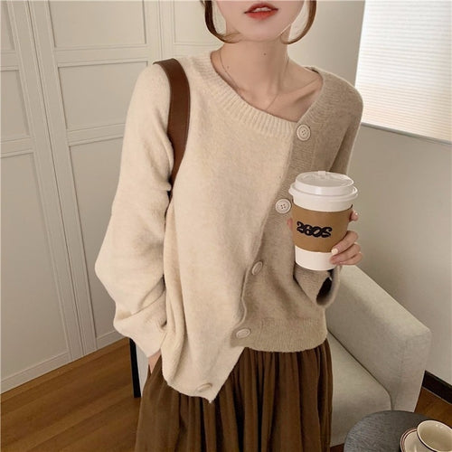 Hit Color Patchwork Knitted Cardigan Women 2021 Autumn Chic Loose All-match Tops Irregular Single Breasted Sweater Coat Female