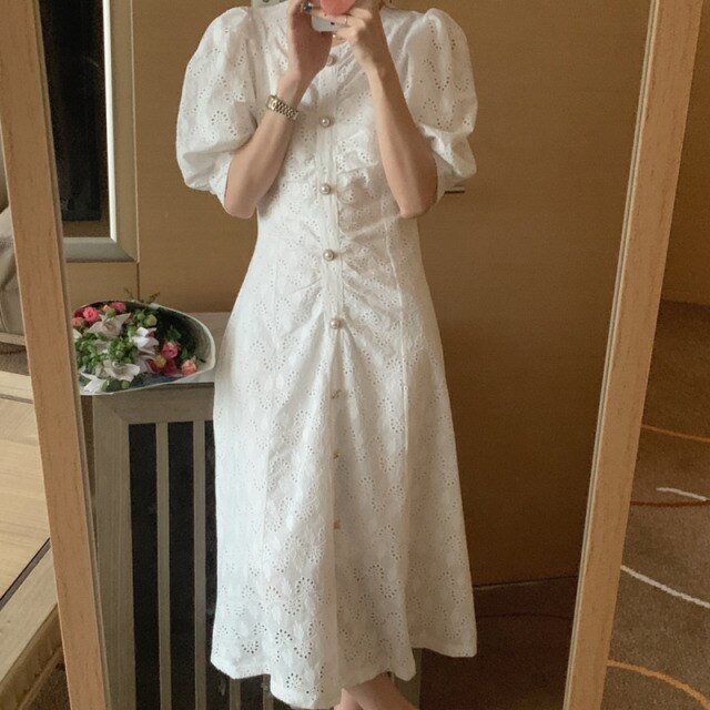 Holiday Hook Flowers Hollow Out Slim Sweet Dress 2021 Summer Chic Women All Match Long Vestido De Mujer Korean Fashion Sundress