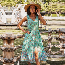 Load image into Gallery viewer, Holiday Style Sleeveless Print Dress Women Casual High Waist V Neck Tassel Spring Summer Dress For Women New