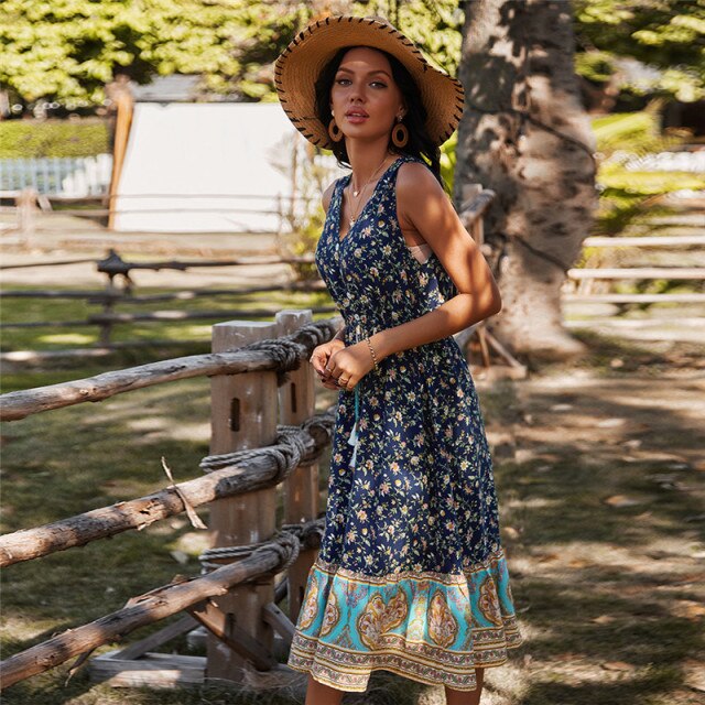 Holiday Style Sleeveless Print Dress Women Casual High Waist V Neck Tassel Spring Summer Dress For Women New