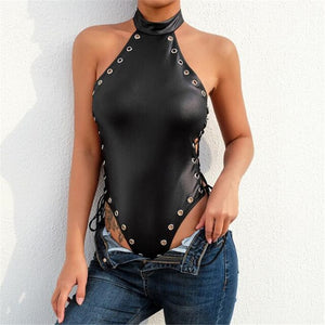 Hollow Latex Leather Straps Tights Bodysuit For Women Sexy Lingerie Underwear Erotic Patent Backless One Piece Dress Nightclub