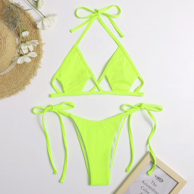 Hollow Out Bikinis High Quality Swimwear Women Black Color Swimsuit Bandage Thong Halter Bikini Set 2021 Micro Beach Biquini