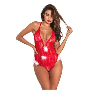 Hollow Out Lingerie Christmas Santa Costume Mrs Claus Cosplay Xmas Gift Sexy  Lingerie Babydoll Deep V Teddy Babydoll