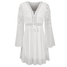Load image into Gallery viewer, Hollow Out Sexy Women Dresses Mini Chiffon Dress Criss Cross Semi-sheer Plunge V-Neck Long Sleeve Crochet Lace Dress Clothing