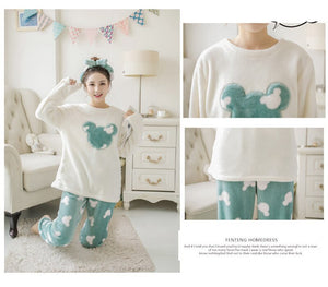 Home Suit Autumn Winter Women Pyjamas Sets Pijama Thick Warm Coral Flannel nightgown Female Cartoon Animal Cute top + long pants
