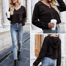 Load image into Gallery viewer, Hoody Women Cropped Hoodie V Neck Long Sleeve Splicing Sweatshirt Casual Autumn Loose Pullover Tops Steetwears Fashion Shirt