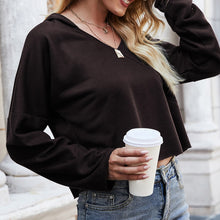 Load image into Gallery viewer, Hoody Women Cropped Hoodie V Neck Long Sleeve Splicing Sweatshirt Casual Autumn Loose Pullover Tops Steetwears Fashion Shirt