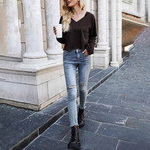 Load image into Gallery viewer, Hoody Women Cropped Hoodie V Neck Long Sleeve Splicing Sweatshirt Casual Autumn Loose Pullover Tops Steetwears Fashion Shirt