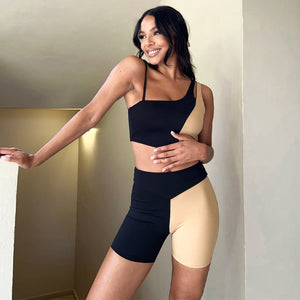 Hot 2022 Summer Fashion Splicing Outfits Sports Fitness Two-Piece Short Suit Top And Bodycon Elasticity Shorts Casual Sets