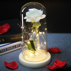 Hot Beauty And The Beast Red Rose In Glass Dome Wooden Base For  Decorate Valentine's Day Gifts Christmas LED Rose Lamps Flower