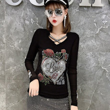 Load image into Gallery viewer, Hot Drilling Women&#39;s T-Shirt New 2021 Autumn Long Sleeve V-Neck Mesh Tops Elegant Slim Ladys Blusas Clothing