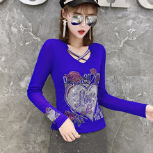 Load image into Gallery viewer, Hot Drilling Women&#39;s T-Shirt New 2021 Autumn Long Sleeve V-Neck Mesh Tops Elegant Slim Ladys Blusas Clothing