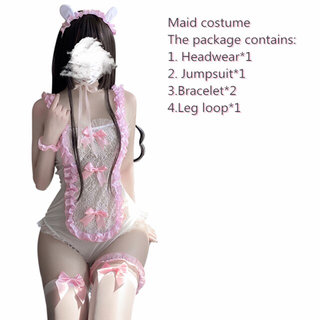 Hot Japanese Cosplay Costume Kawaii Maid sexy lingerie Pink Cute Lace Bodysuit With Tail Anime Erotic Outfit Women Maid Jumpsuit