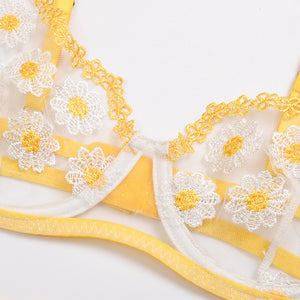 Hot New Women Sexy Lingerie Yellow Flower Embroider Adjustable Erotic Underwear Transparent Bra Thong Suit Bondage
