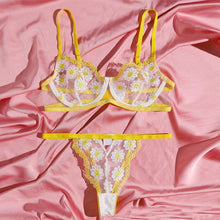 Load image into Gallery viewer, Hot New Women Sexy Lingerie Yellow Flower Embroider Adjustable Erotic Underwear Transparent Bra Thong Suit Bondage