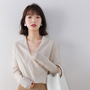 Hot Sale 100% Pure Wool Knitted Sweater Women V-neck Long Sleeve Standard Cashmere Knitwear Winter New Fashion Female Jumpers