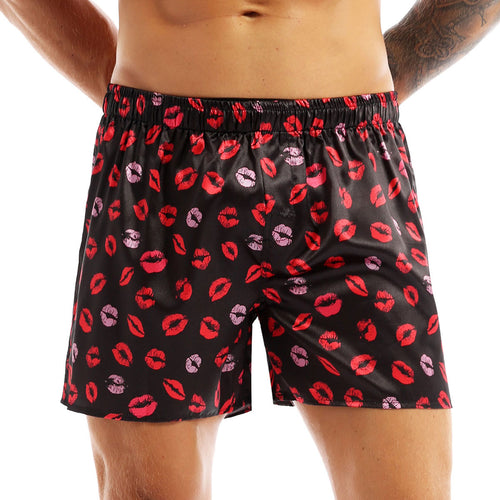 Hot Sale Silk Satin Men Boxers Sexy Sissy Lips Print Frilly Shiny Underwear Gay Male Trunk Underpant Sleepwear Boxers Shorts