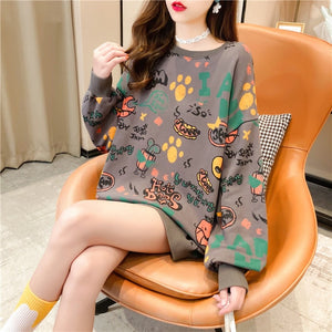 INS Hong Kong Fashion Brand Fleece-Lined Thick round Neck Sweater Female BF Idle Style Loose Pullover Student Long Sleeve