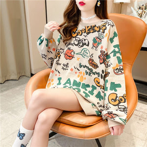 INS Hong Kong Fashion Brand Fleece-Lined Thick round Neck Sweater Female BF Idle Style Loose Pullover Student Long Sleeve