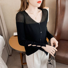 Load image into Gallery viewer, Ice Silk Knit Sweater Women&#39;s Long-sleeved Autumn 2021 New Hollow T-shirt Bright Silk Gauze Top Split Sweater