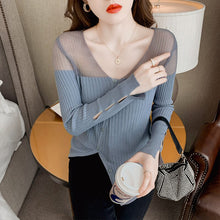Load image into Gallery viewer, Ice Silk Knit Sweater Women&#39;s Long-sleeved Autumn 2021 New Hollow T-shirt Bright Silk Gauze Top Split Sweater