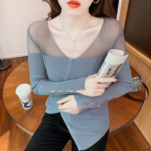 Ice Silk Knit Sweater Women's Long-sleeved Autumn 2021 New Hollow T-shirt Bright Silk Gauze Top Split Sweater