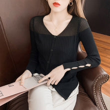 Load image into Gallery viewer, Ice Silk Knit Sweater Women&#39;s Long-sleeved Autumn 2021 New Hollow T-shirt Bright Silk Gauze Top Split Sweater