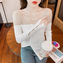 Load image into Gallery viewer, Ice Silk Knit Sweater Women&#39;s Long-sleeved Autumn 2021 New Hollow T-shirt Bright Silk Gauze Top Split Sweater