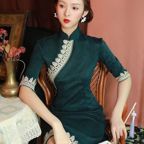 Improved Cheongsam Elegant Chinese Qipao Classic Women Daily Retro Green Temperament Girl Chinese Style Dress Evening Party Gown