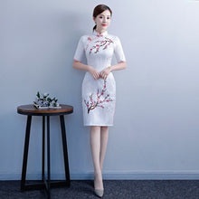 Load image into Gallery viewer, Improved Cheongsam Short Sleeve Stand Collar Floral Print Chinese Style Elegant Vintage Split Fork Slim Mini Dress Female Qipao