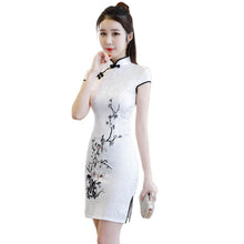 Load image into Gallery viewer, Improved Cheongsam Short Sleeve Stand Collar Floral Print Chinese Style Elegant Vintage Split Fork Slim Mini Dress Female Qipao