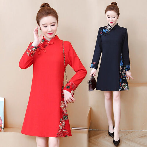 Improved Cheongsam Vintage Print Stand Collar Buckle Women Chinese Style Autumn Long Sleeve Retro Slim Mini Dress Female Clothes