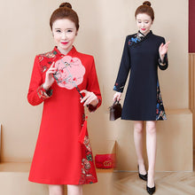 Load image into Gallery viewer, Improved Cheongsam Vintage Print Stand Collar Buckle Women Chinese Style Autumn Long Sleeve Retro Slim Mini Dress Female Clothes