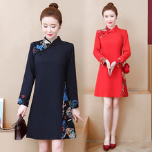 Load image into Gallery viewer, Improved Cheongsam Vintage Print Stand Collar Buckle Women Chinese Style Autumn Long Sleeve Retro Slim Mini Dress Female Clothes