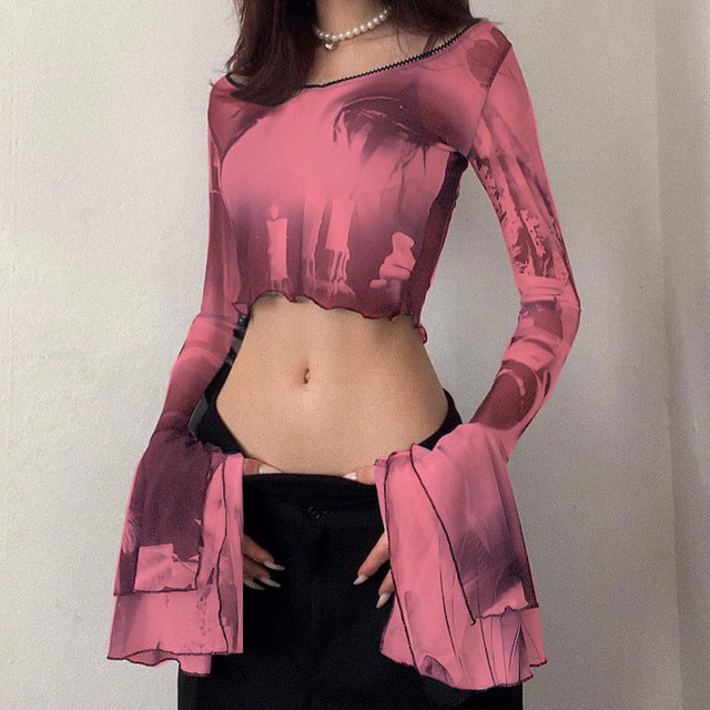 Ins Fashion 2022 Summer Chic Print Mesh Women's Clothing Crop Top Rave Festival Sexy Trumpet Long Sleeves Tops Streetwear