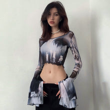 Load image into Gallery viewer, Ins Fashion 2022 Summer Chic Print Mesh Women&#39;s Clothing Crop Top Rave Festival Sexy Trumpet Long Sleeves Tops Streetwear