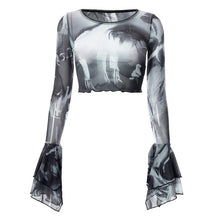 Load image into Gallery viewer, Ins Fashion 2022 Summer Chic Print Mesh Women&#39;s Clothing Crop Top Rave Festival Sexy Trumpet Long Sleeves Tops Streetwear