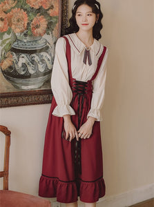 Japan Mori Girl Style Women Outfits Vintage Modern 2 Piece Sets Cute Peter Pan Collar Ribbon Shirt &amp; Elastic Waist Bandage Skirt