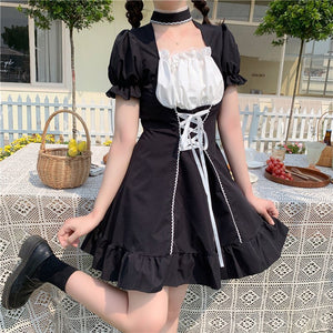Japan Style Belt Bandage Lolita Dress Women 2022 Fashion Square Collar Puff Sleeve Kawaii Dresses Summer Slim Waist Vestidos