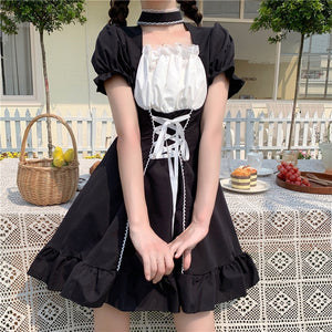 Japan Style Belt Bandage Lolita Dress Women 2022 Fashion Square Collar Puff Sleeve Kawaii Dresses Summer Slim Waist Vestidos