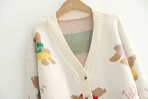 Japan Style Single Breasted Caytoon Kawaii Sweater Fall 2022 V-neck Cute Bear Knitted Cardigan Women Soft Loose Sueter Mujer